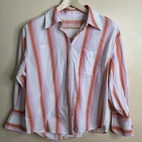 Mango Shirt Women's Large Button Up Longs Sleeve Striped Pocket Casual - Picture 2 of 11